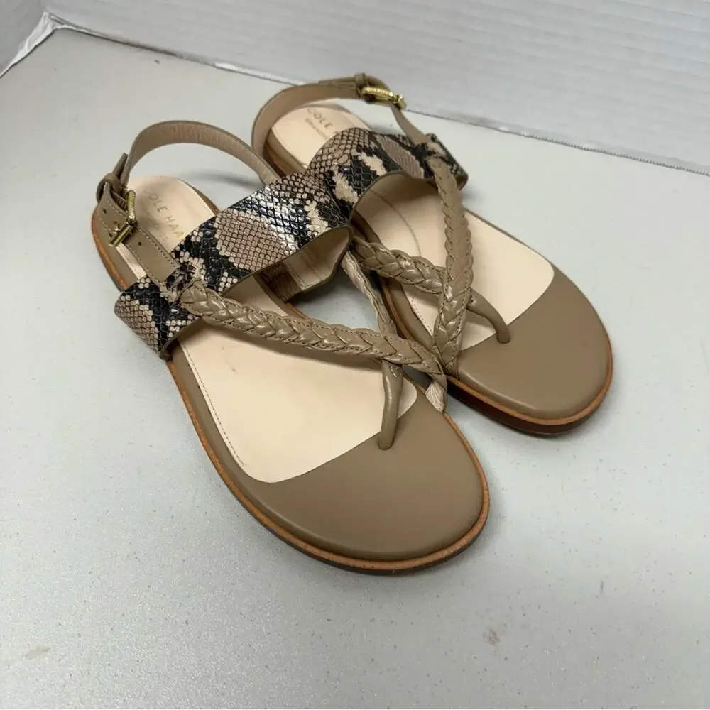 Cole Haan Grand Series Strappy Leather Sandals Women 8.5 Snake Print Cream Beach